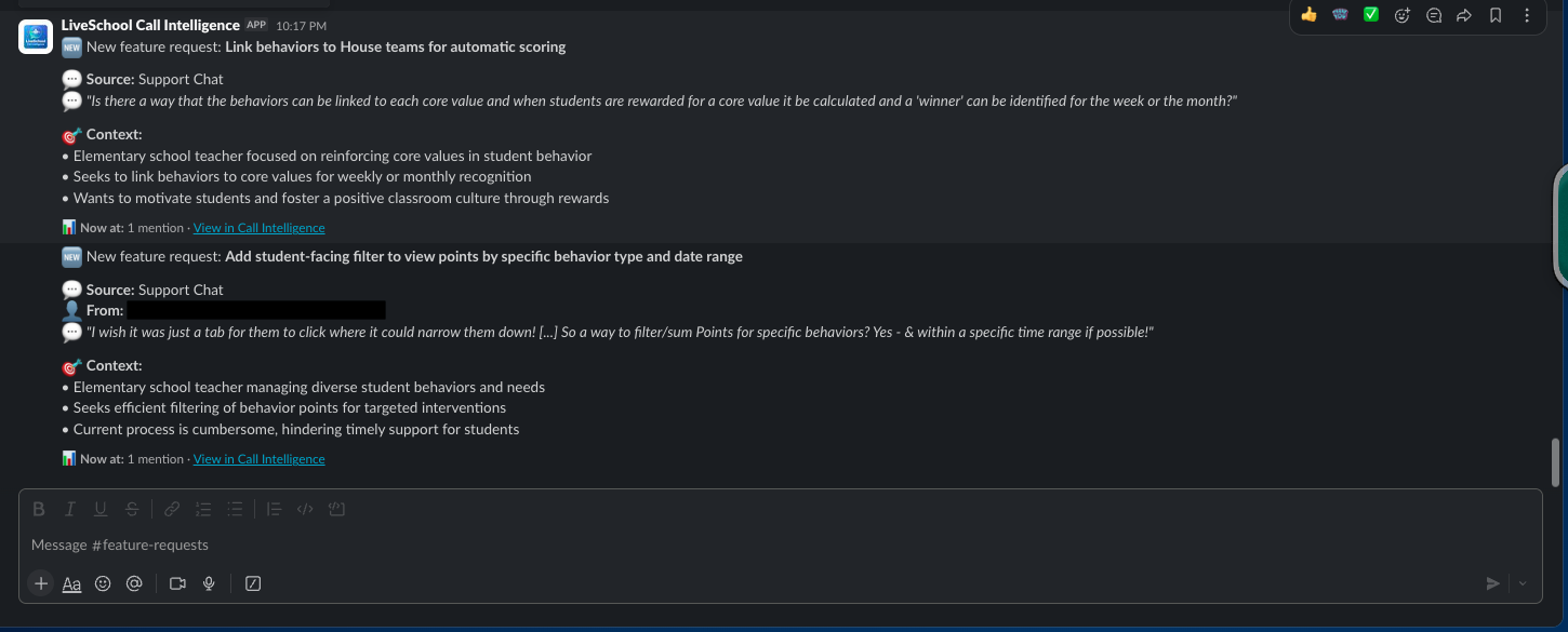 A Slack notification from the LiveSchool Call Intelligence bot showing two new feature requests with source quotes and context